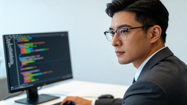 Man in suit working on computer