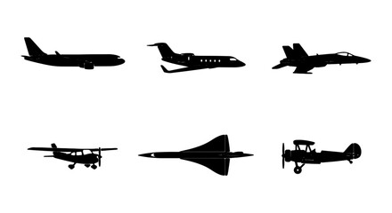 Airplane Silhouettes Collection, Aviation Icons, Jet and Propeller Aircraft Set © Rashedul
