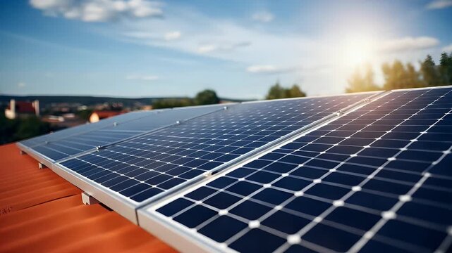 Bright sun shines on solar panels installed on a rooftop, promising clean energy generation for a modern home.