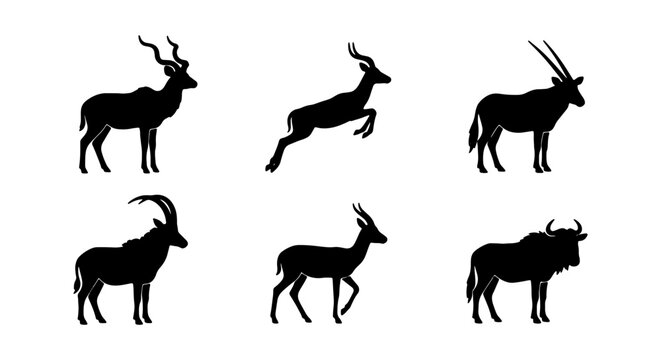 African Wildlife Silhouettes: Antelope, Wildebeest, Oryx Vector Icons
