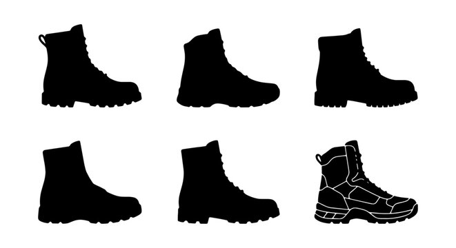 Black Boot Silhouettes, Footwear Icons, Military & Hiking Boot Designs