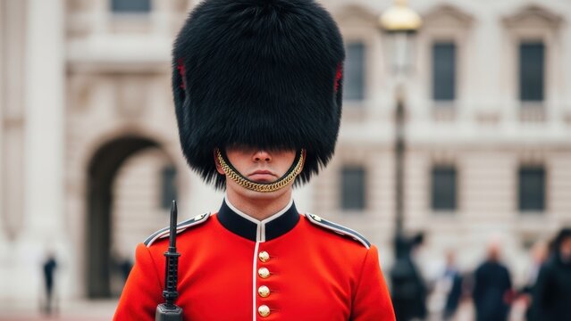 A close-up portrait of a Queen's Guard soldier at Buckingham Palace in London.
