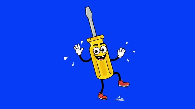 A flat vector style 2D animated screwdriver character with a yellow body and white gloved hands jumping and dancing joyfully with sweat drops flying. This cheerful hand tool mascot is isolated on a so