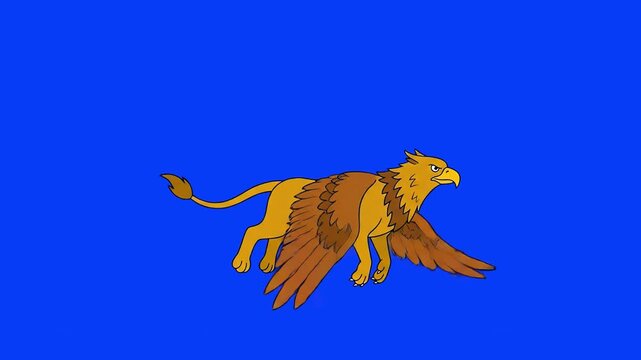 A majestic 2D cartoon griffin with a golden lion body, sharp eagle head, and large feathered wings walking forward in a side profile view. This legendary fantasy beast animation loop is isolated on a 