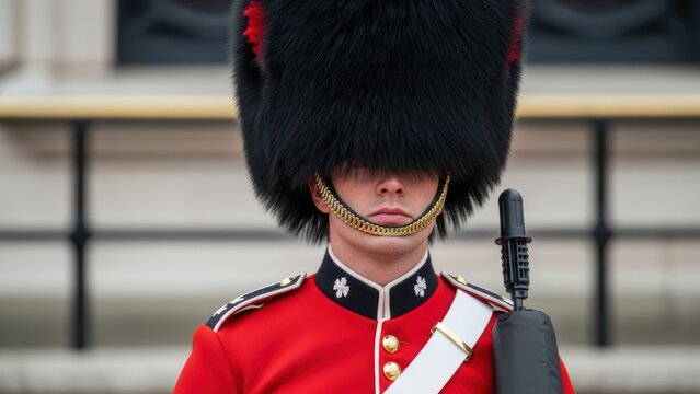 A portrait of a Royal Guard in London with the iconic red uniform and bearskin hat.