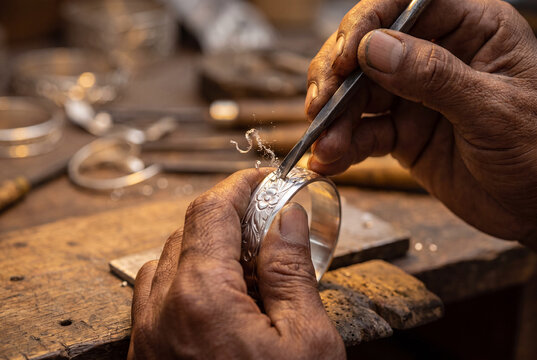 silversmith hands carving intricate floral motif on silver bracelet, metal dust catching warm workshop light, extreme close-up macro craft detail.