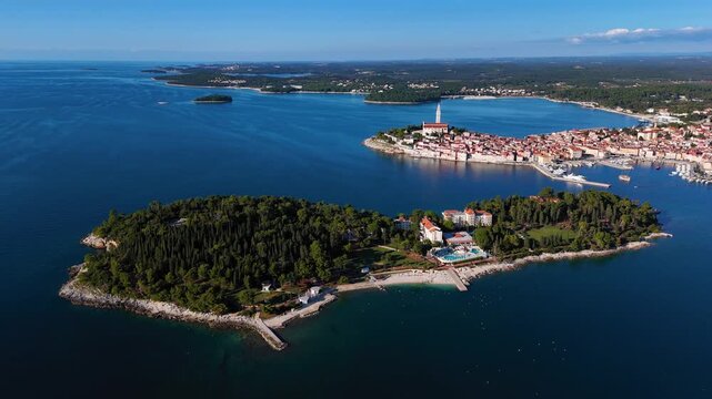 Aerial view of saint catherine island and rovinj town in croatia