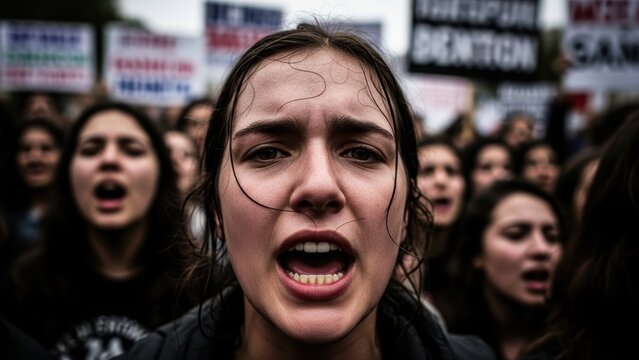 Intense face of a young female activist shouting in a crowd.