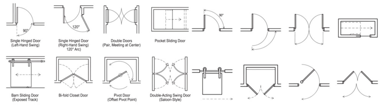 Architectural CAD Door Types Diagram Showing Hinged, Sliding, Bi-Fold, Pivot and Double-Acting Door Plans