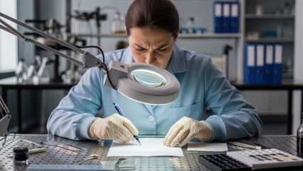 Obraz premium Female forensic expert analyzing a document and taking notes.