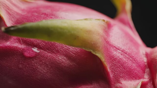 Closeup Macro Shot of a Vibrant Pink Dragon Fruit with Water Droplet.