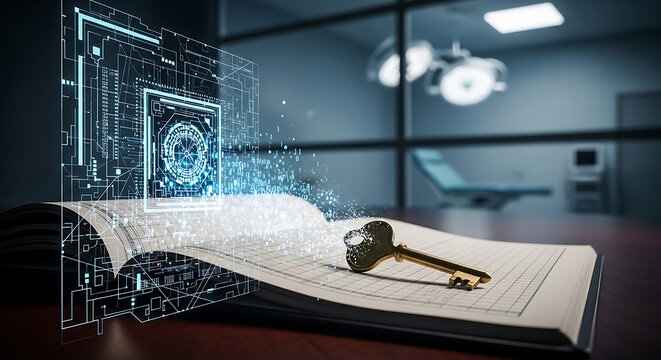 Futuristic Digital Transformation Concept with Golden Key on Open Book and Glowing Hologram Interface Symbolizing Unlocked Knowledge and Data Security