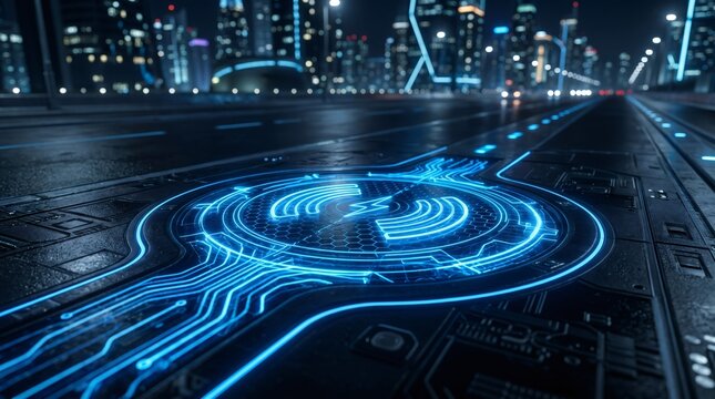 Futuristic Smart Highway with Glowing Blue Digital Circuit and Wireless Charging Pad, Cyberpunk City Skyline at Night