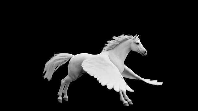 A graceful white Pegasus with spread wings glides across a solid black background. The dark backdrop allows for easy compositing in various cinematic projects and visual effects workflows.