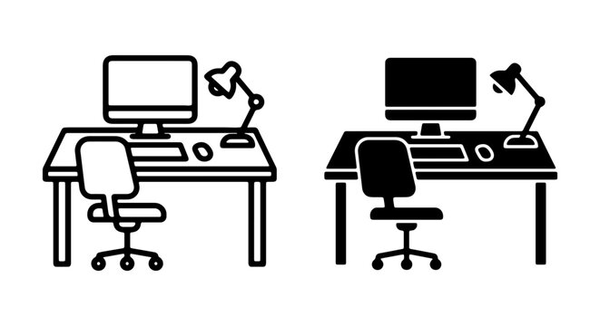 Workspace Icons: Computer Desk, Chair, Lamp. Office Setup, Home Office, Remote Work