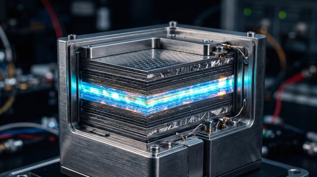 Close-Up of a High-Tech Hydrogen Fuel Cell Stack Glowing Blue, Representing Clean Energy and Advanced Quantum Technology