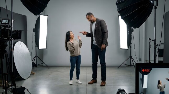 Tall Man and Short Woman Comedic Studio Portrait