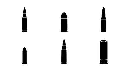 Obraz premium Bullet Icons, Ammunition Silhouettes, Firearm Cartridge Set, Military Weaponry Vector