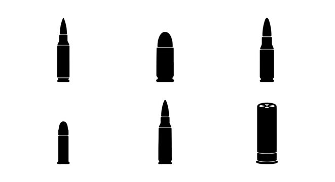 Bullet Icons, Ammunition Silhouettes, Firearm Cartridge Set, Military Weaponry Vector