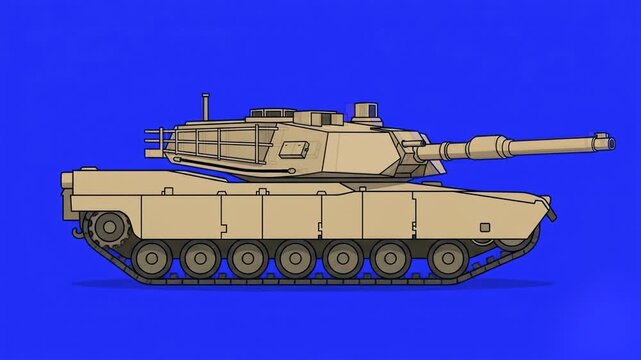 A side view of a beige desert battle tank driving forward in a continuous motion loop. The clean 2D vector animation style is perfect for side-scroller games and tactical video compositing.