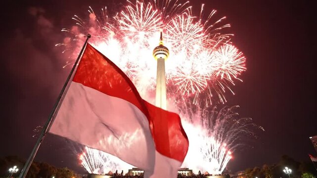 Indonesian Flag Waving with Fireworks over National Monument at Night