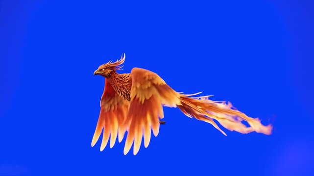 A mythical fire phoenix bird flapping its wings and flying forward in a continuous loop. This animated fantasy creature element is rendered on a chroma key background for seamless video compositing.