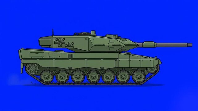 A side view of a green armored military combat tank moving forward. This 2D vector style animation loop is designed for game development, video editing, and compositing via chroma key.