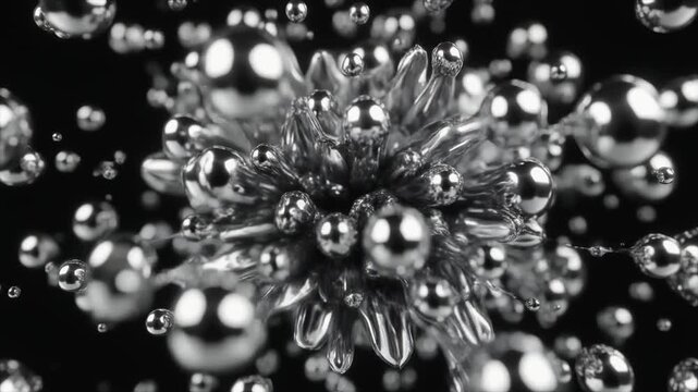 Cinematic Extreme Slow Motion of Mercury-Like Silver Liquid Droplets Exploding Outward in Abstract Background Loop