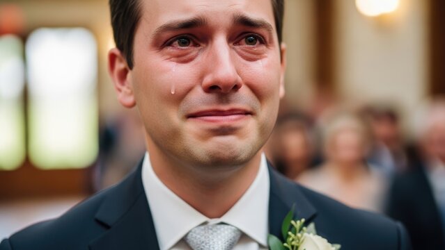 Emotional groom crying at his wedding ceremony.