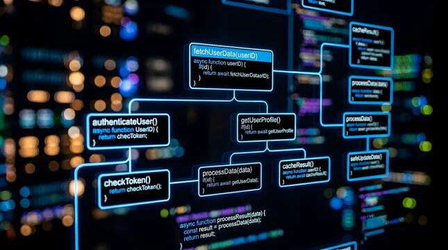 Futuristic visualization of intricate software development concepts, displaying complex data flow and programming logic within a modern system architecture