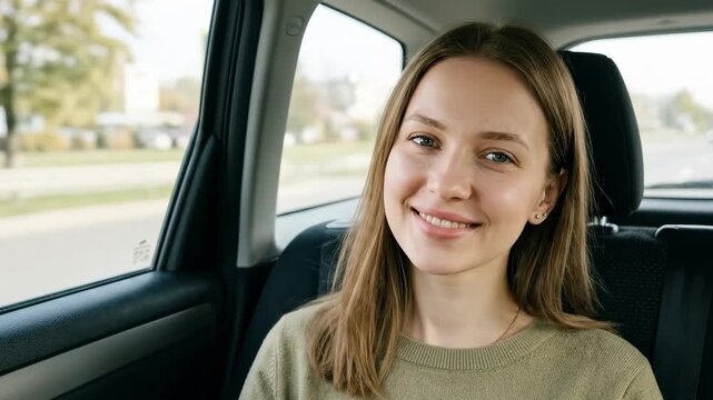 A smiling caucasian woman turns around to look at the camera from the front passenger seat of a moving vehicle. This candid lifestyle video captures the joy of a road trip, travel, and casual daily mo