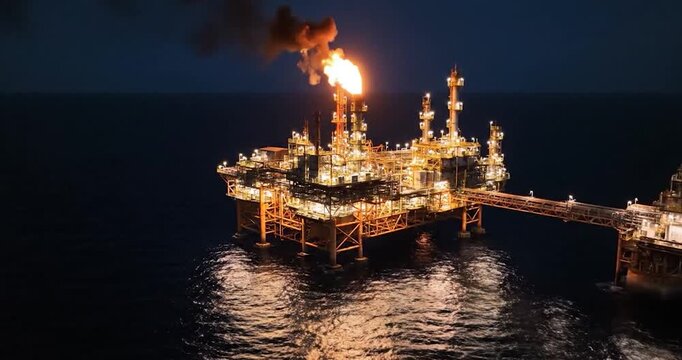 Aerial view of oil platform burning gas flare in the ocean at night