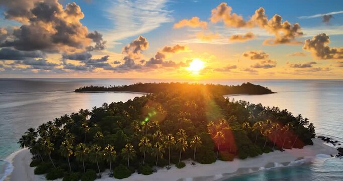 Aerial view of tropical island at sunset with palm trees and ocean