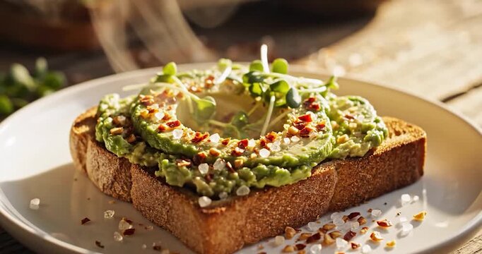 Avocado toast being prepared with drizzling oil and seasonings on bread