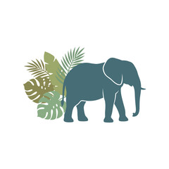 Elephant Silhouette Illustration with Tropical Leaves for Nature Themes © Muzaki