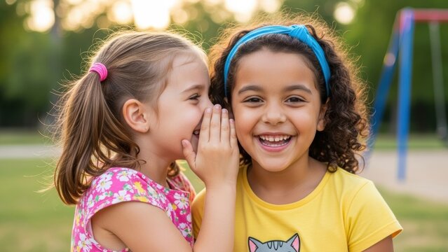Two diverse little girls whispering secrets and smiling.