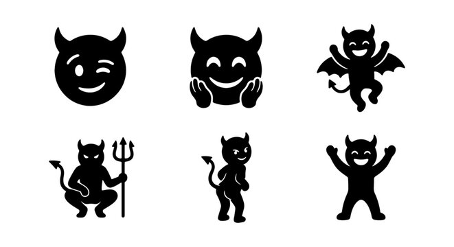 Devil Icons Set, Evil Emoticons Collection, Demon Characters Vector Graphics