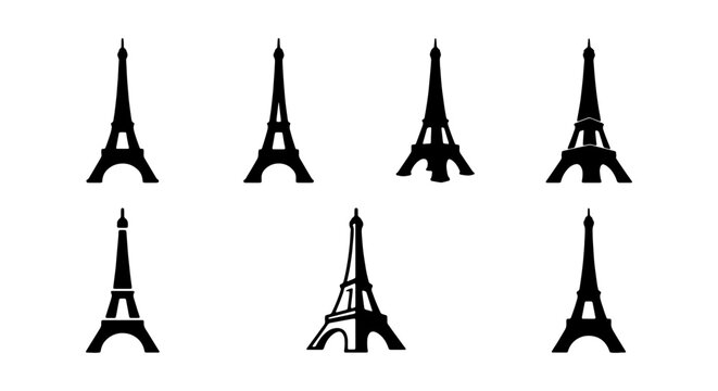Eiffel Tower Icons, Paris Landmark Silhouettes, French Architecture Vector Set