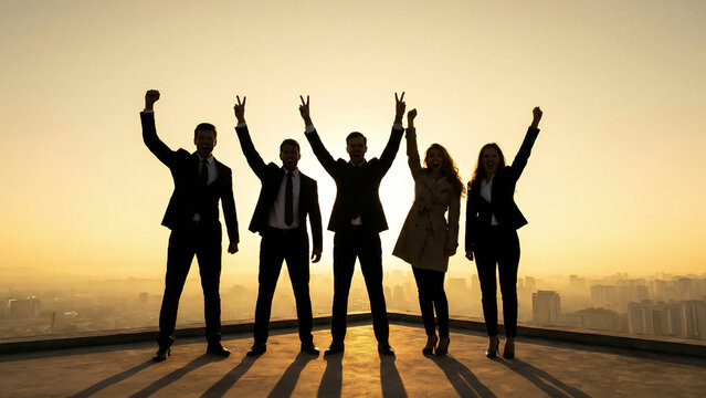 Golden Sunset Silhouette of Business Team Raising Arms Toward Success and Joyful Teamwork Perfect for Corporate Advertising Recruitment and Motivational Presentation Visuals