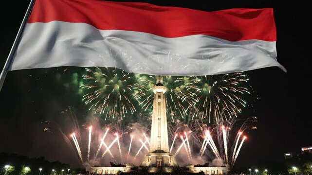 Indonesian Flag Waving Over Monas Monument with Fireworks at Night