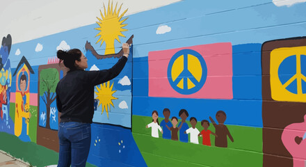 Creative Artist Painting Colorful Peace and Unity Mural on Urban Wall © Azrha