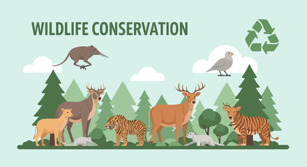 Naklejka premium Wildlife Conservation Concept with Wild Animals in Forest