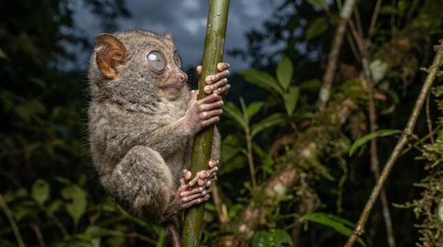 Rare close wildlife portrait of a Philippine tarsier clinging to bamboo in rainforest night environment.
