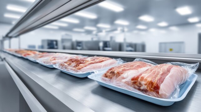Vacuum-packed raw pork cuts moving on automated production line in modern meat factory. Food processing industry with packaged meat products in sterile manufacturing facility