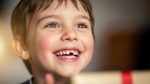 A happy young boy with a missing tooth smiling.