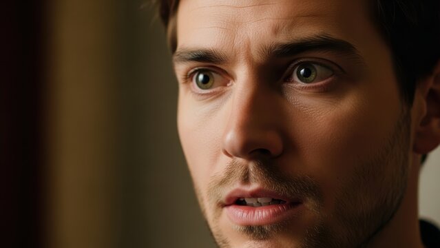 Close-up of a man's face with a look of surprise or shock.