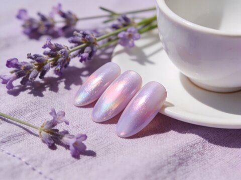 Elegant iridescent lavender nails with delicate lavender flowers in soft natural light.