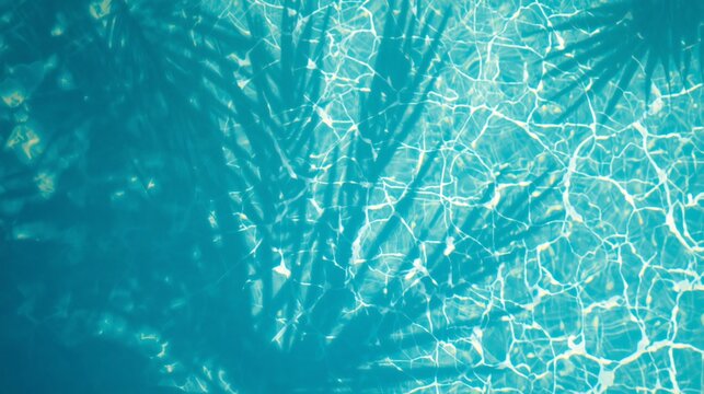 Tropical palm leaves over sparkling blue pool water.