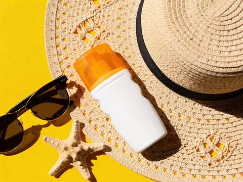 Summer beach essentials on a bright yellow background