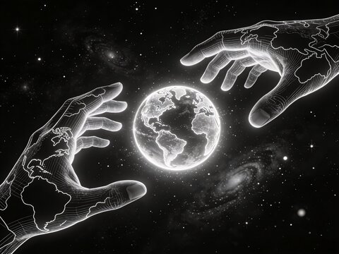 Two hands reach for a glowing Earth floating in a vast cosmic space.